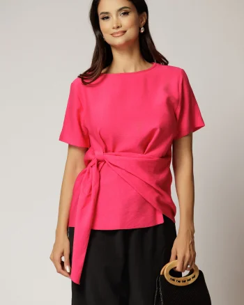 Bluza fucsia din viscoza cu nod in talie si croi lejer si maneci scurte