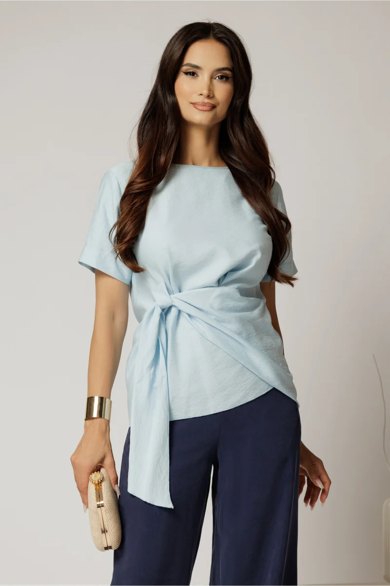 Bluza bleu din viscoza cu nod in talie si croi lejer si maneci scurte