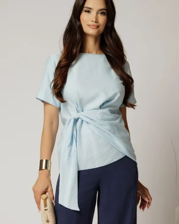 Bluza bleu din viscoza cu nod in talie si croi lejer si maneci scurte