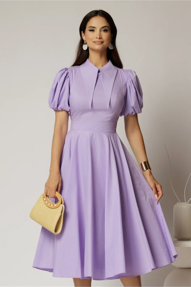 Rochie DY Fashion midi lila din poplin cu guler ascutit si maneci scurte bufante