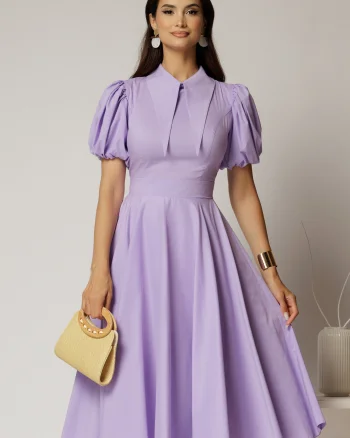 Rochie DY Fashion midi lila din poplin cu guler ascutit si maneci scurte bufante