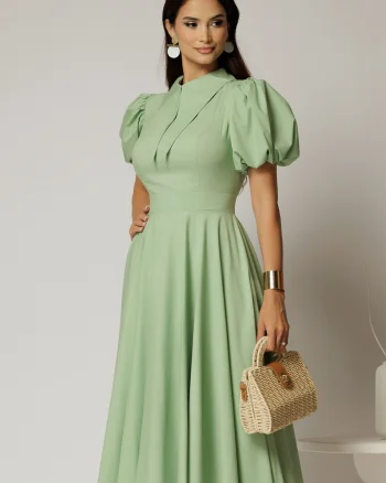 Rochie DY Fashion midi verde fistic din poplin cu guler ascutit si maneci scurte bufante