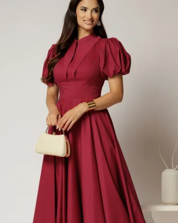 Rochie DY Fashion midi magenta din poplin cu guler ascutit si maneci scurte bufante