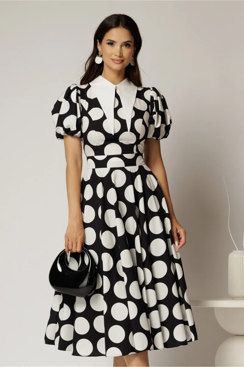 Rochie DY Fashion midi neagra cu buline din poplin cu guer ascutit si maneci scurte bufante