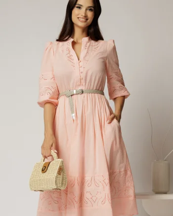 Rochie DY Fashion roz somon din bumbac cu insertii perforate si curea in talie