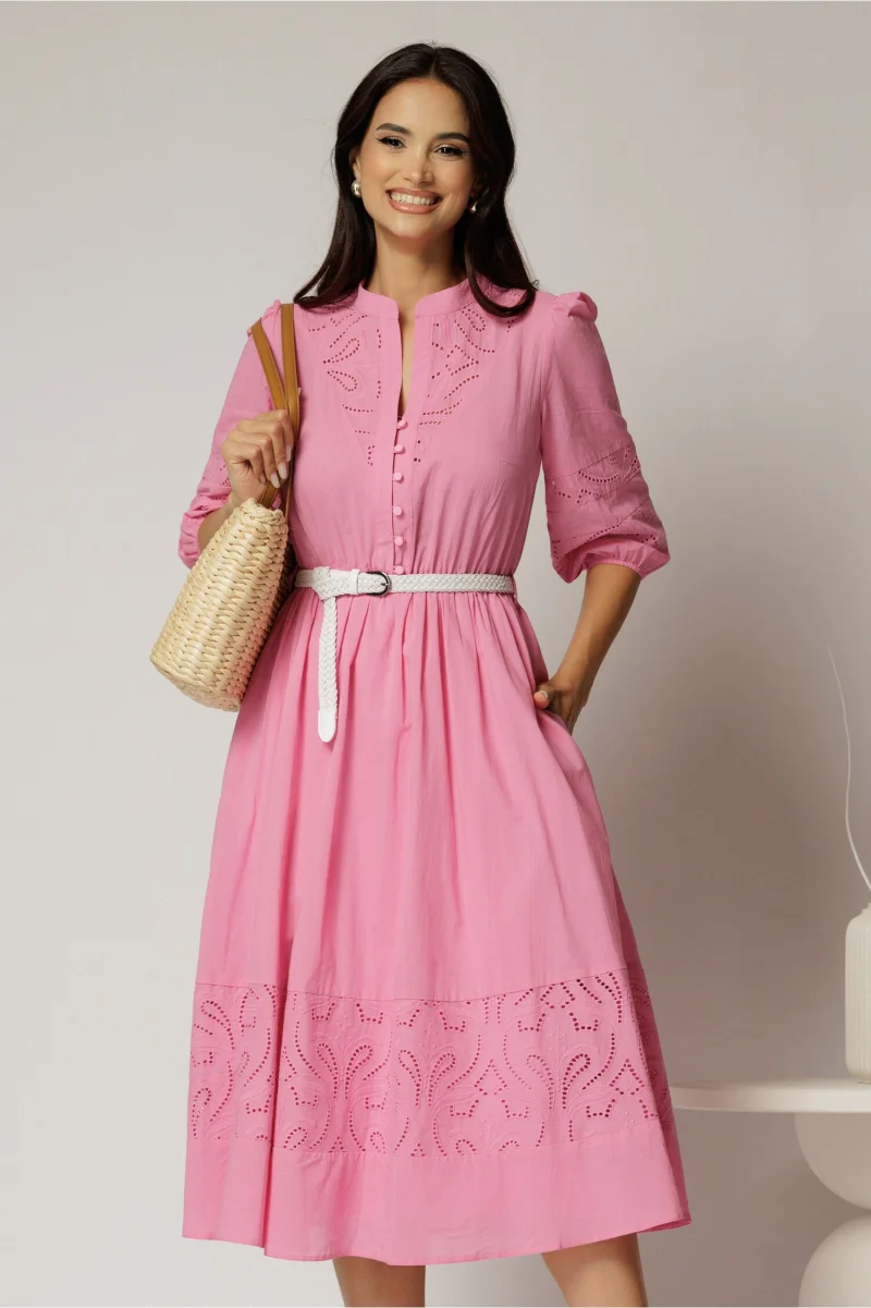 Rochie DY Fashion roz din bumbac cu insertii perforate si curea in talie