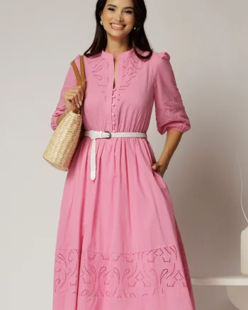 Rochie DY Fashion roz din bumbac cu insertii perforate si curea in talie
