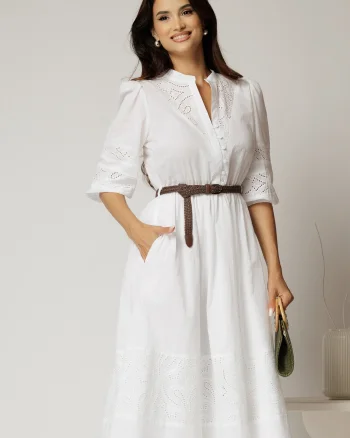 Rochie DY Fashion alba din bumbac cu insertii perforate si curea in talie