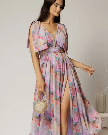 Rochie DY Fashion din voal creponat cu imprimeuri lila si funde ample pe umeri