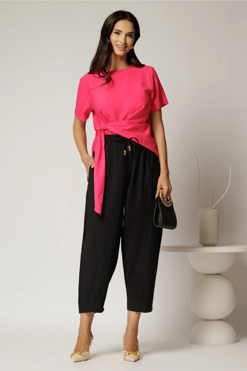 Pantaloni negri de zi din tencel cu snur si elastic pe talie