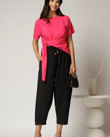 Pantaloni negri de zi din tencel cu snur si elastic pe talie