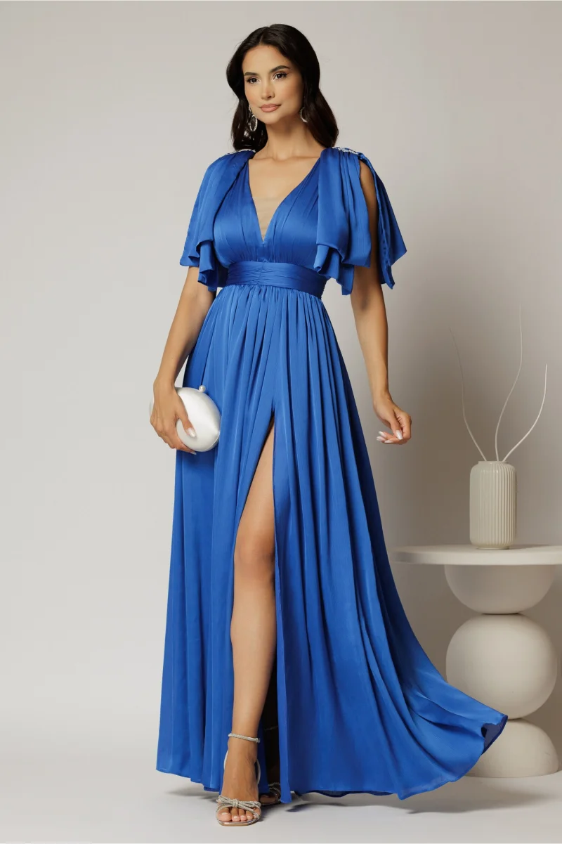 Rochie DY Fashion albastra lunga de seara cu decolteu adanc si funde ample