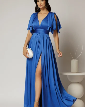 Rochie DY Fashion albastra lunga de seara cu decolteu adanc si funde ample