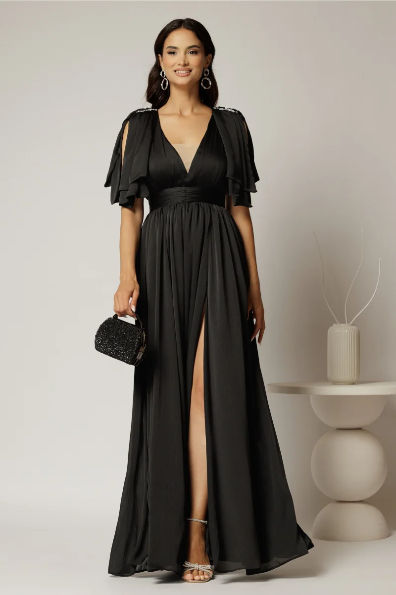 Rochie DY Fashion neagra lunga de seara cu decolteu adanc si funde ample