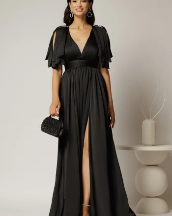 Rochie DY Fashion neagra lunga de seara cu decolteu adanc si funde ample