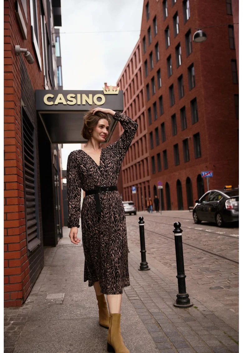 Rochie midi  trapez, brun-negru,