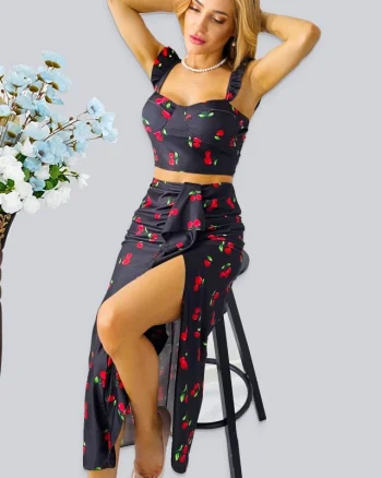 Compleu Summer Party, top cu volane si fusta cu imprimeu cirese, Negru, Marime S/M