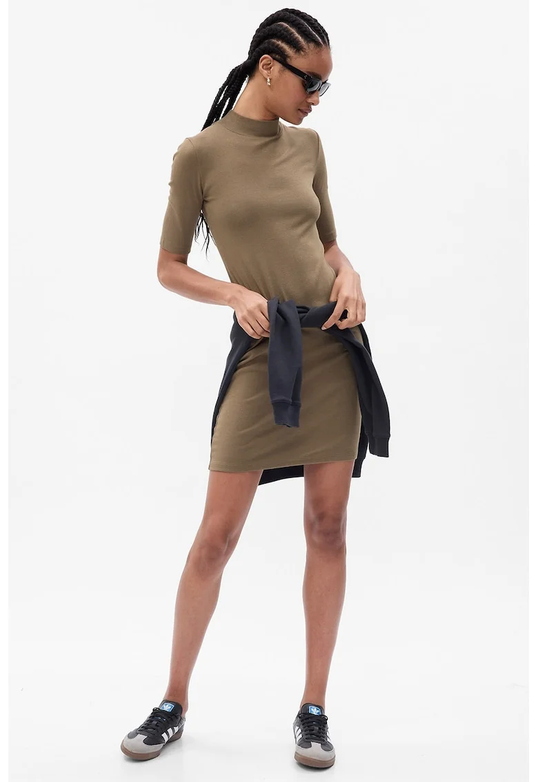 Rochie cambrata din amestec de modal cu guler scurt, Kaki