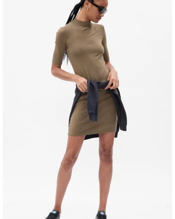 Rochie cambrata din amestec de modal cu guler scurt, Kaki
