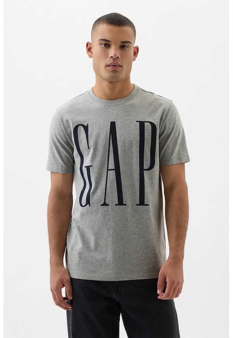 Tricou cu logo supradimensionat si decolteu la baza gatului, Negru/Gri deschis melange