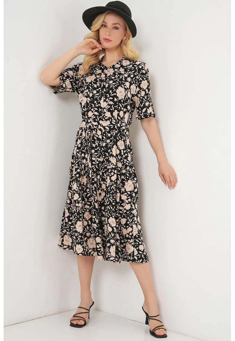 Rochie midi HiCCUP cu croială A și guler cămașă, Negru