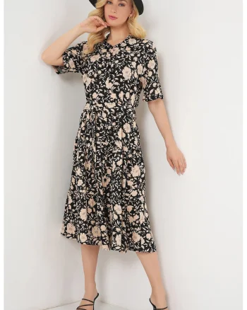 Rochie midi HiCCUP cu croială A și guler cămașă, Negru