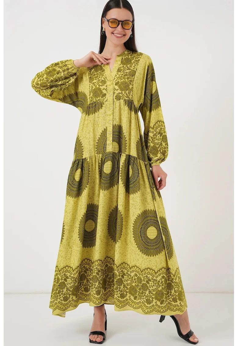 Rochie maxi HiCCUP, decolteu in V, cu viscoza, Verde masliniu