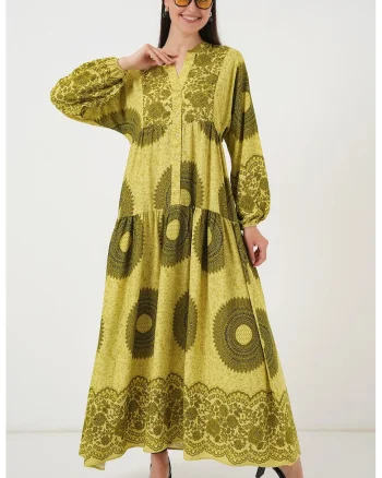 Rochie maxi HiCCUP, decolteu in V, cu viscoza, Verde masliniu