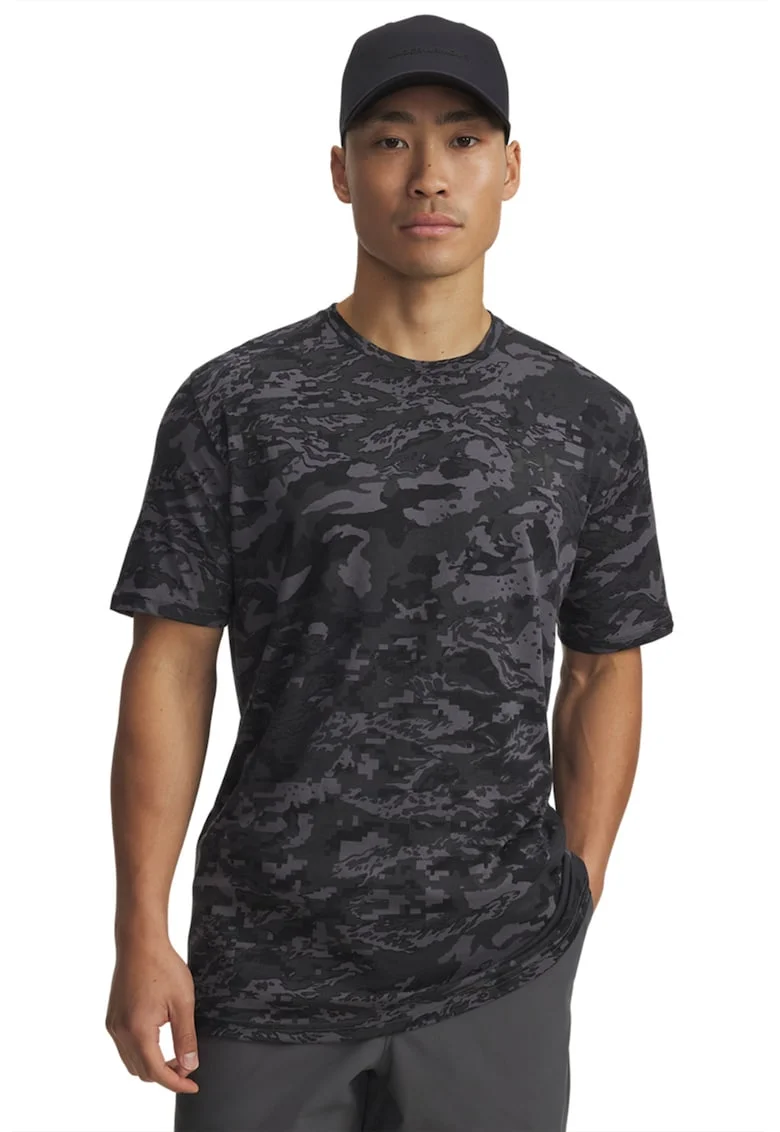 Tricou cu model si decolteu la baza gatului, Negru/Negru stins