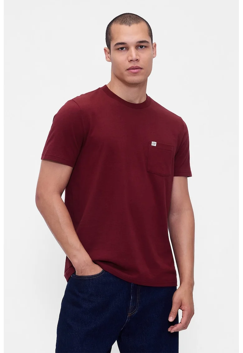 Tricou de bumbac organic cu buzunar pe piept, Rosu inchis