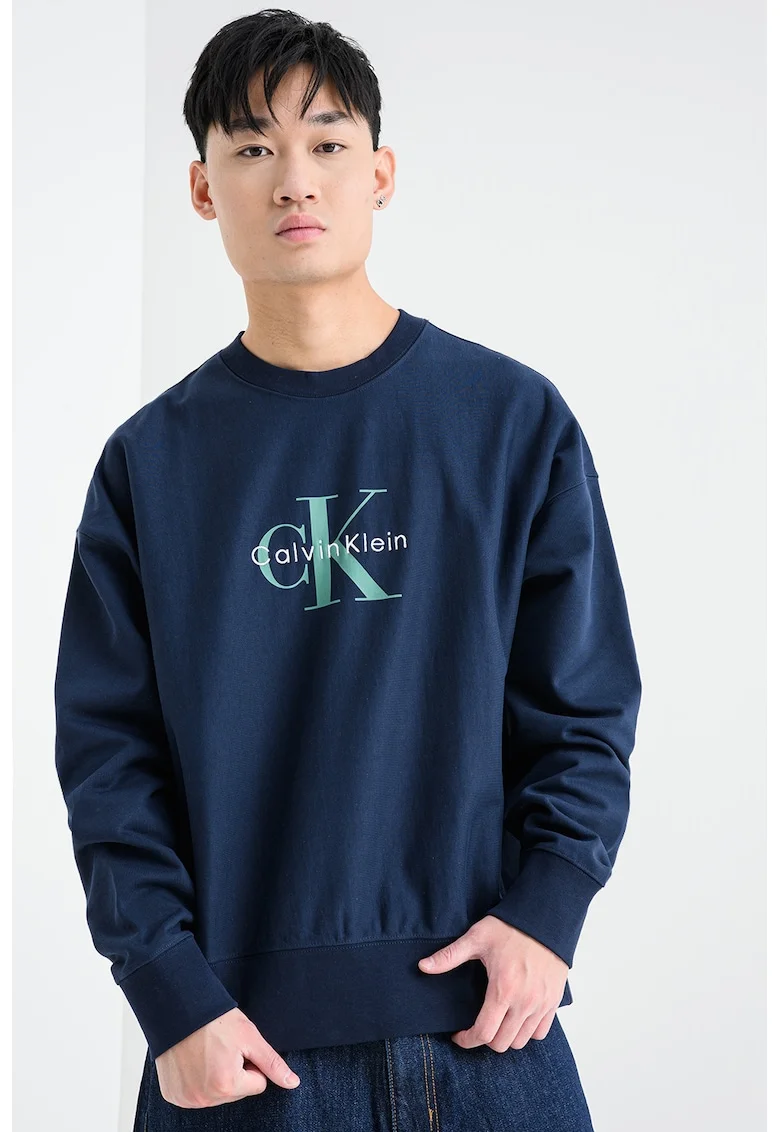Bluza de trening din amestec de bumbac cu imprimeu logo, Albastru ultramarin/Verde aquamarin