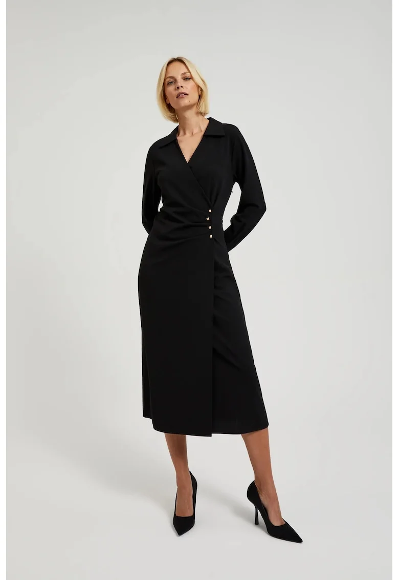Rochie Midi Neagra cu Butoane Decorative, Negru