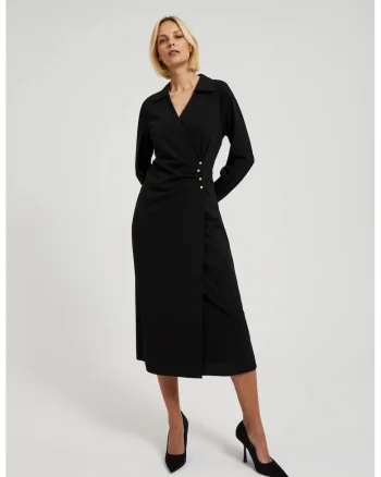 Rochie Midi Neagra cu Butoane Decorative, Negru