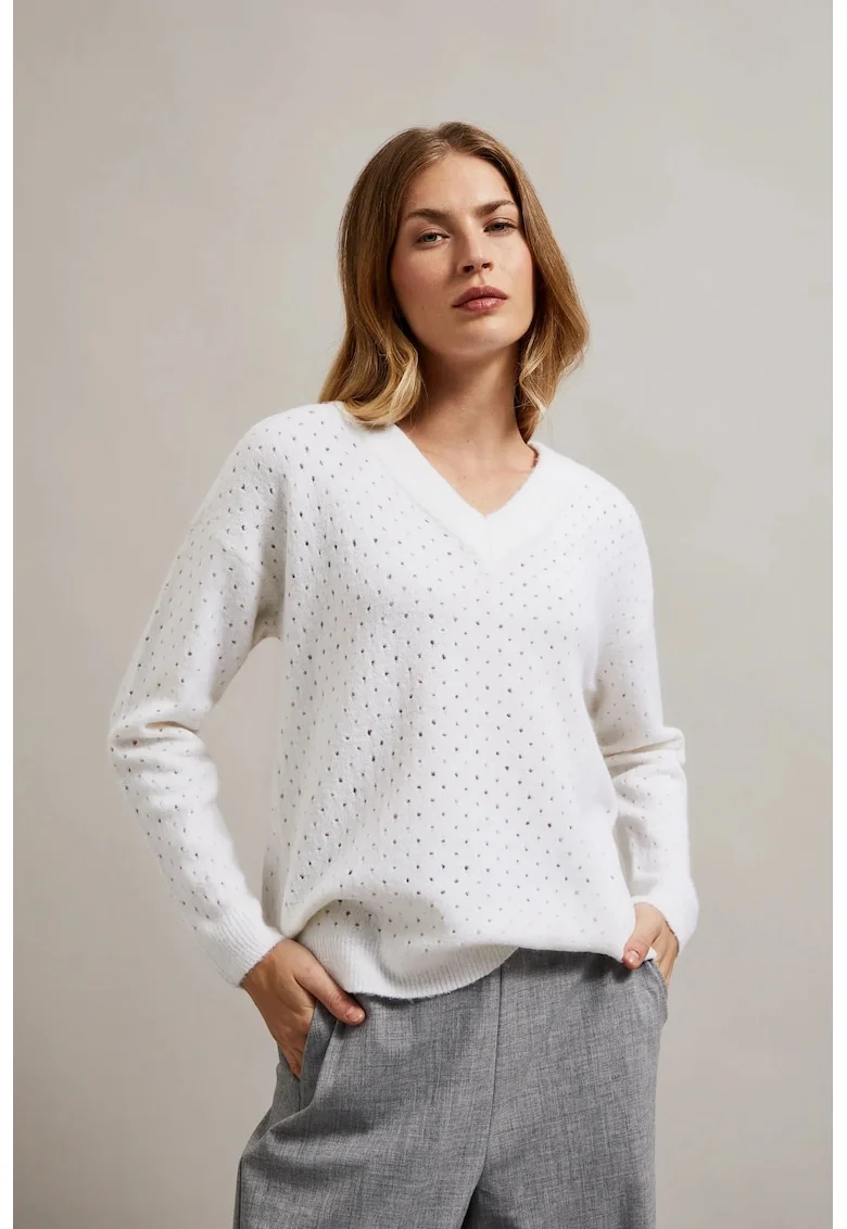 Pulover cu model perforat si fir metalic alb, Alb
