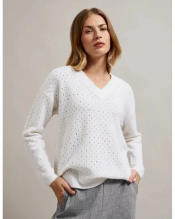 Pulover cu model perforat si fir metalic alb, Alb