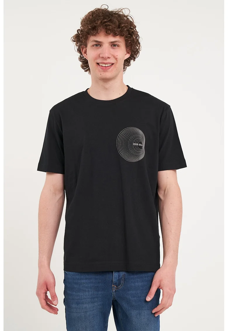 Tricou cu decolteu la baza gatului si imprimeu grafic, Negru/Bej