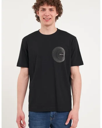 Tricou cu decolteu la baza gatului si imprimeu grafic, Negru/Bej