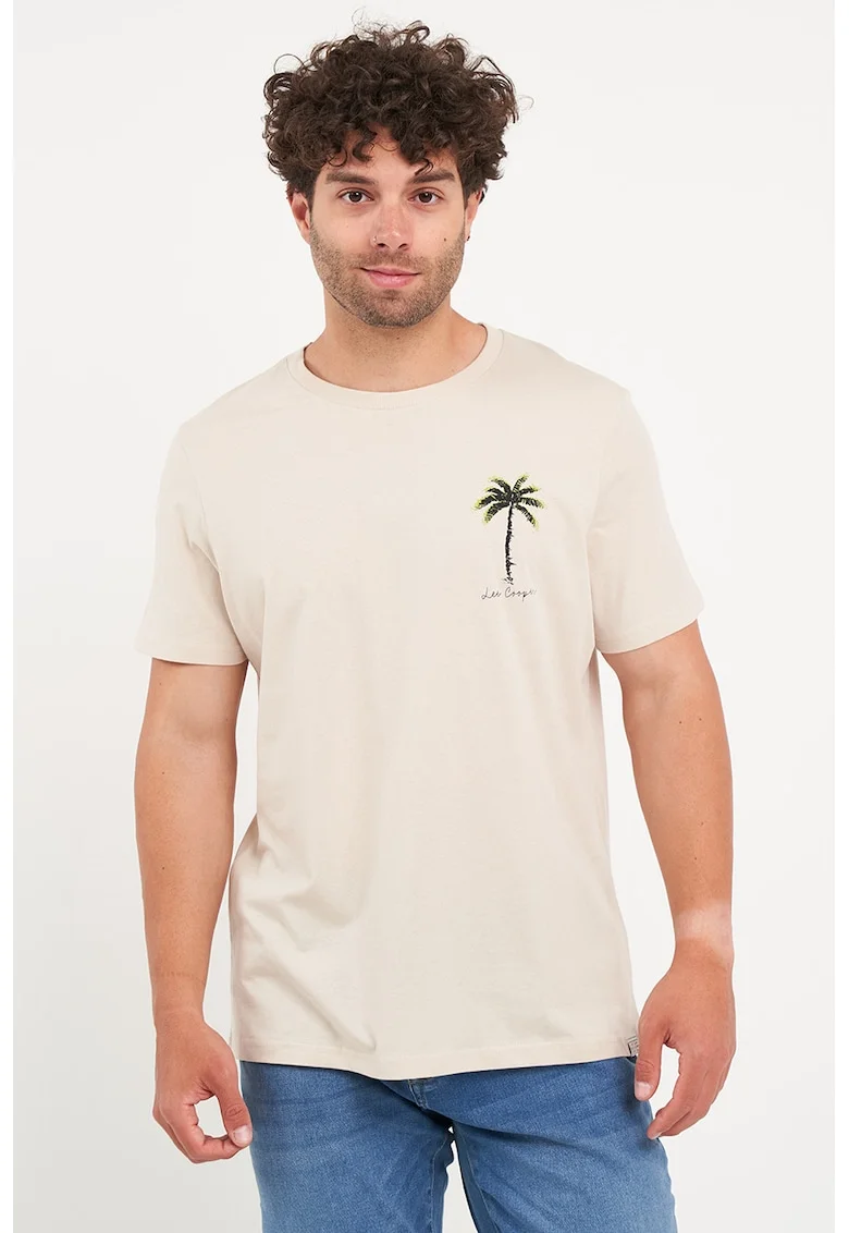 Tricou cu decolteu rotund si imprimeu discret, Bej