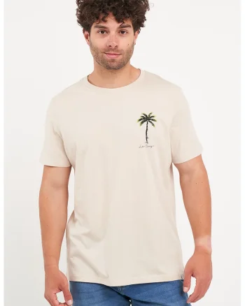Tricou cu decolteu rotund si imprimeu discret, Bej