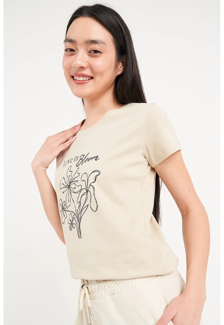 Tricou de bumbac cu imprimeu, Negru/Bej deschis