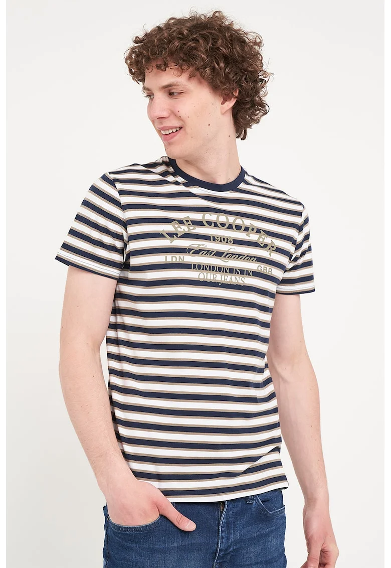 Tricou cu decolteu la baza gatului si model in dungi, Alb murdar/Albastru