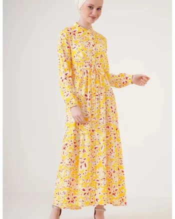 Rochie maxi dama, HiCCUP, viscoza, model floral, Galben lamaie