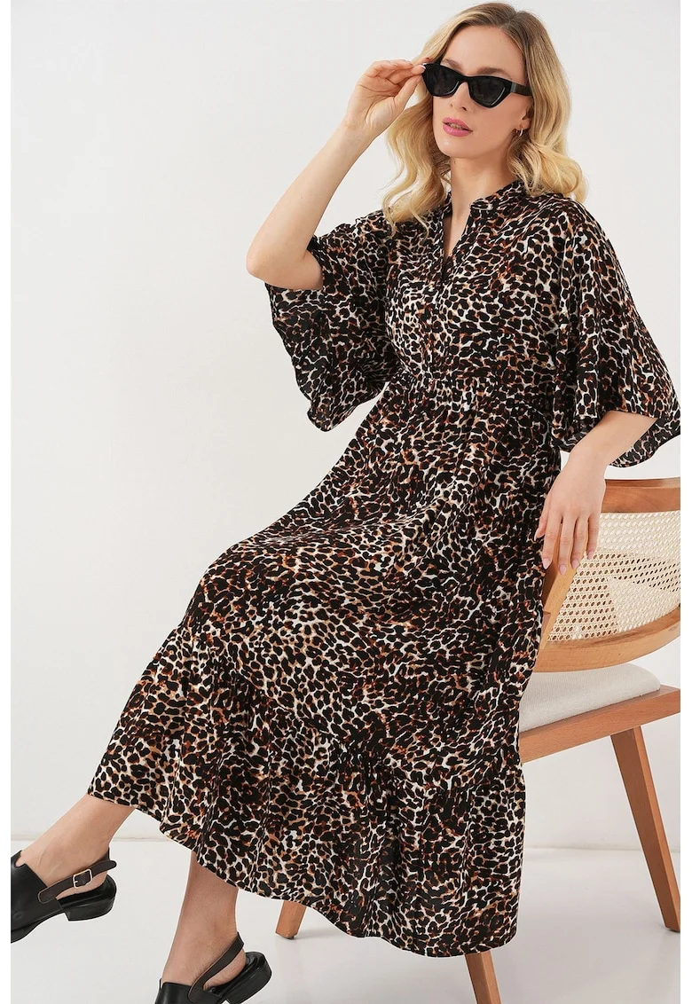 Rochie midi, HiCCUP, Decolteu in V, Textil, Maro, Maro nuc