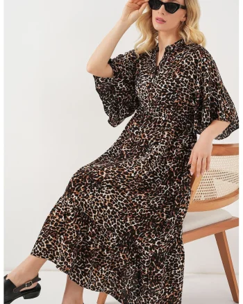 Rochie midi, HiCCUP, Decolteu in V, Textil, Maro, Maro nuc