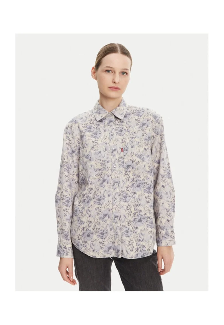 Camasa dama,  A7244-0051, bumbac, model floral, alb/albastru
