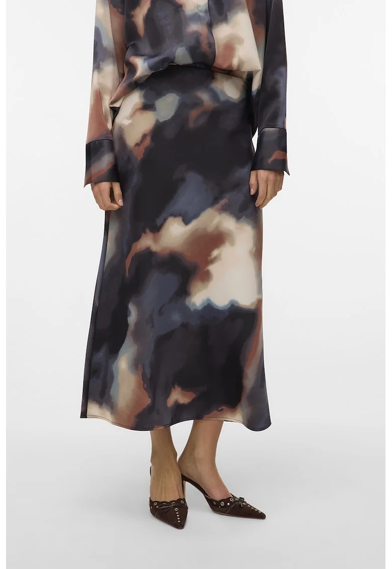 Fusta midi cu imprimeu abstract, Negru/Crem