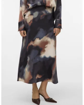Fusta midi cu imprimeu abstract, Negru/Crem