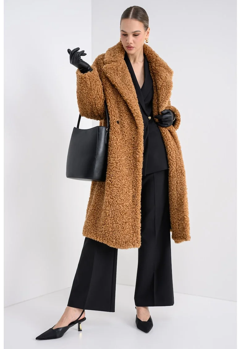 Palton lung boucle supradimensionat, Caramel