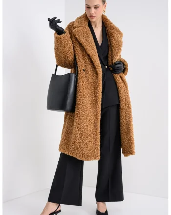 Palton lung boucle supradimensionat, Caramel