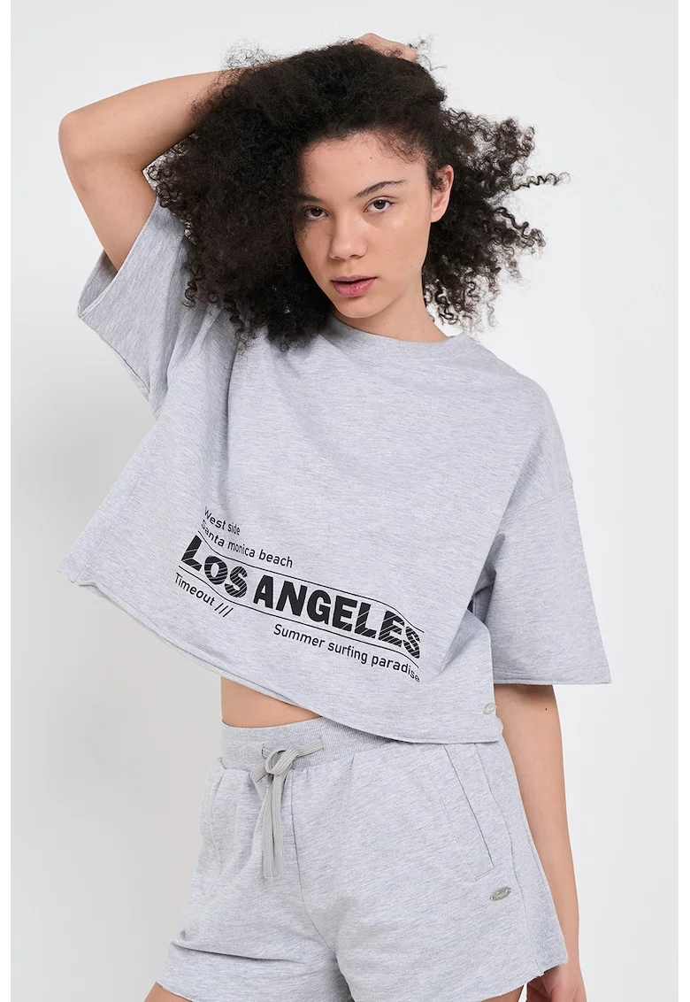 Tricou lejer cu imprimeu text, Gri deschis melange
